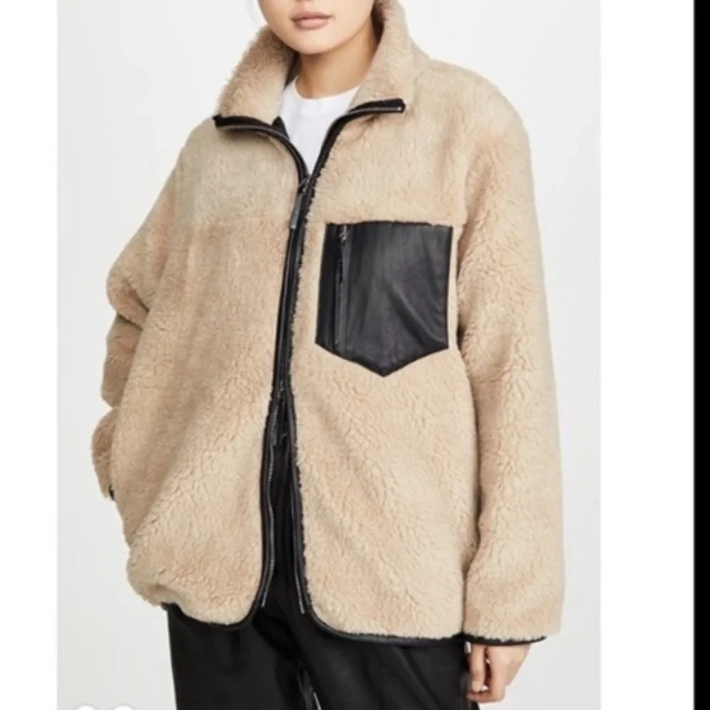 Anine Bing Ryder Jacket Sherpa Women's Med Tan Black Full Zip Pockets‎